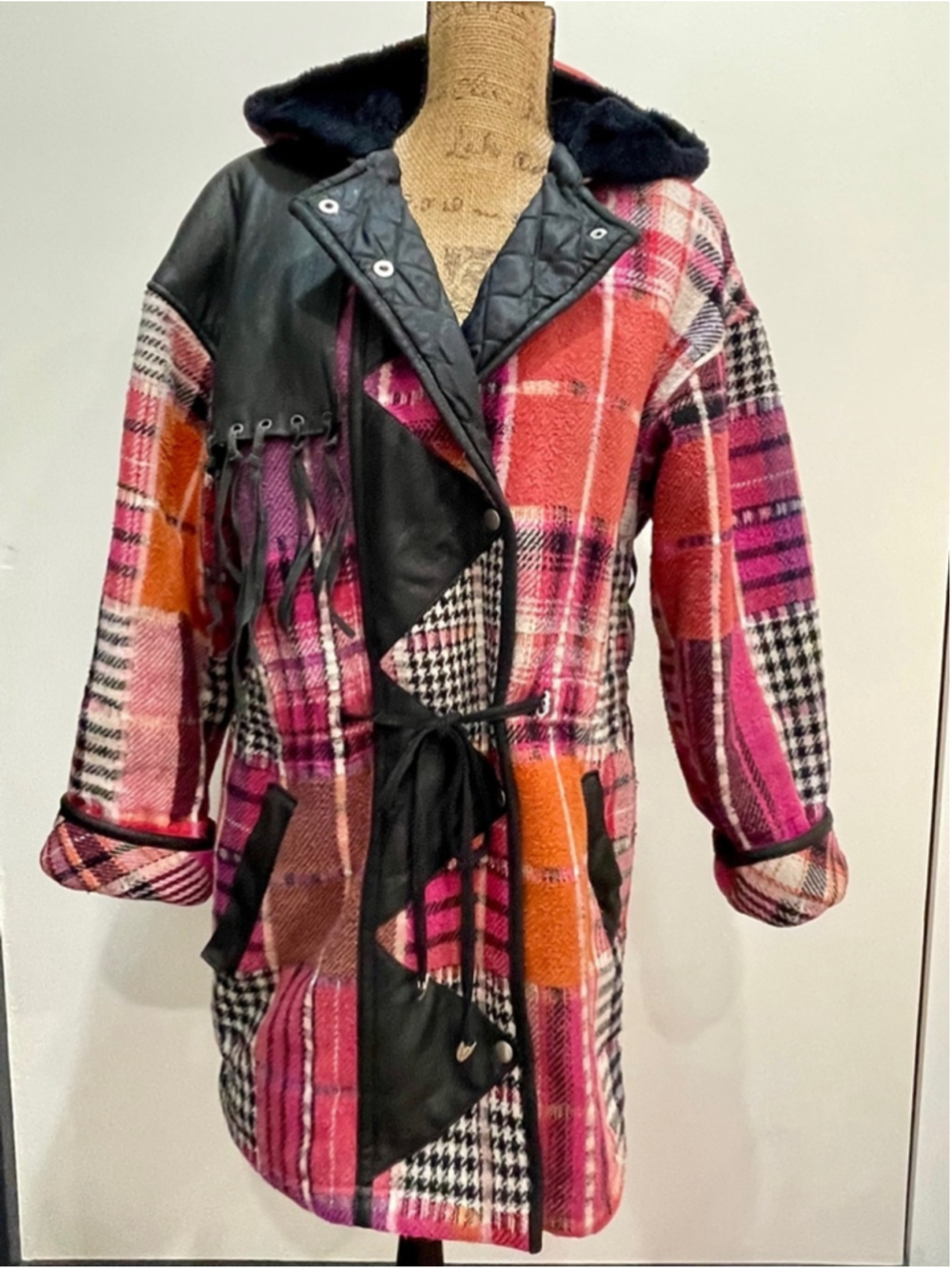 Hilary Radley Vintage Plaid Long Coat S Leather Fringe Fairy Grunge Whimsigoth - Picture 2 of 12